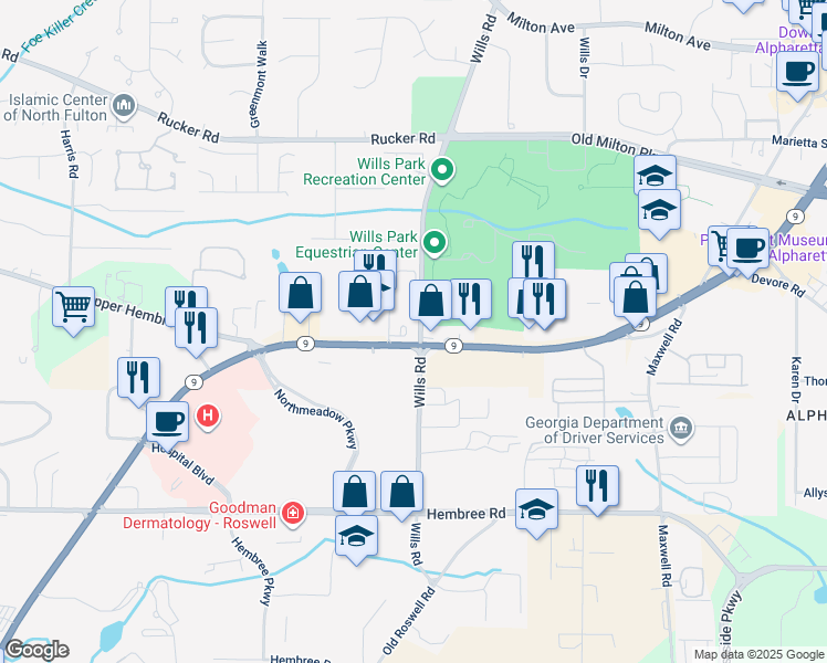 map of restaurants, bars, coffee shops, grocery stores, and more near 1650 Georgia 9 in Alpharetta