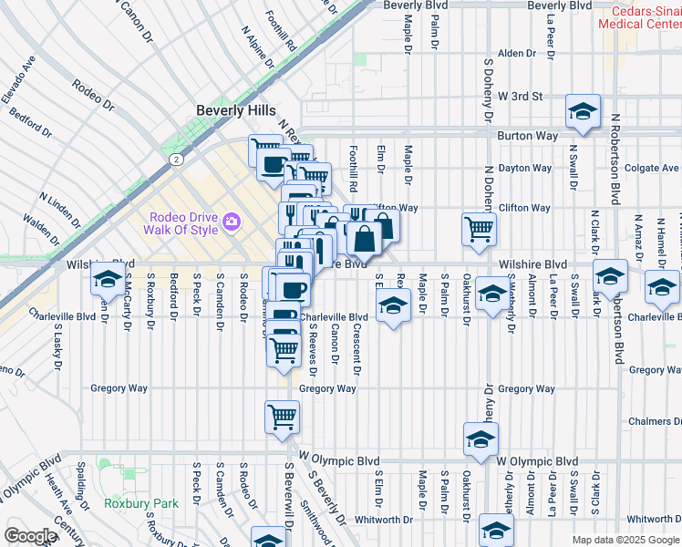 map of restaurants, bars, coffee shops, grocery stores, and more near 9378 Wilshire Boulevard in Beverly Hills