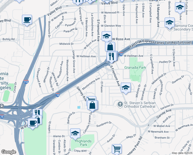 map of restaurants, bars, coffee shops, grocery stores, and more near 2611 Montezuma Avenue in Alhambra