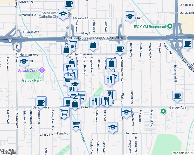 map of restaurants, bars, coffee shops, grocery stores, and more near 3213 Delta Avenue in Rosemead
