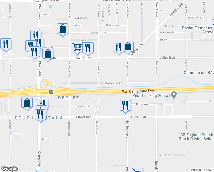 map of restaurants, bars, coffee shops, grocery stores, and more near 14945 Washington Drive in Fontana