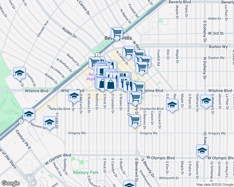 map of restaurants, bars, coffee shops, grocery stores, and more near 9560 Wilshire Boulevard in Beverly Hills