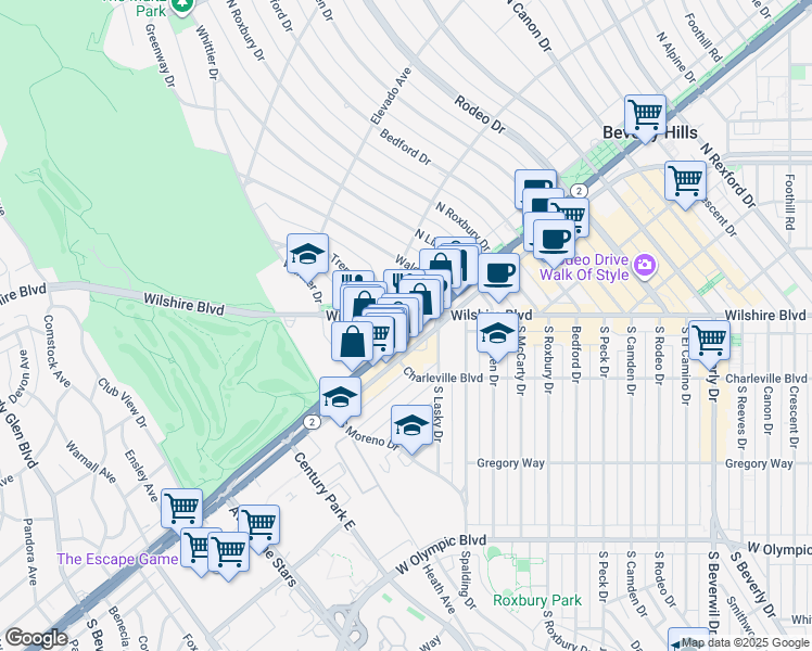 map of restaurants, bars, coffee shops, grocery stores, and more near 9850 Wilshire Boulevard in Beverly Hills