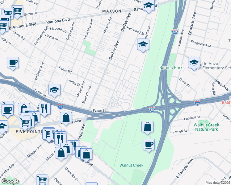 map of restaurants, bars, coffee shops, grocery stores, and more near 3595 Windsong Street in El Monte