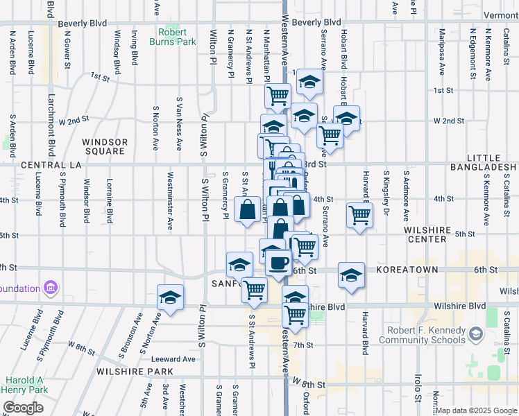 map of restaurants, bars, coffee shops, grocery stores, and more near 420 South Saint Andrews Place in Los Angeles