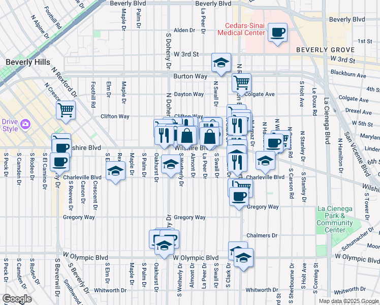 map of restaurants, bars, coffee shops, grocery stores, and more near 120 South Almont Drive in Beverly Hills