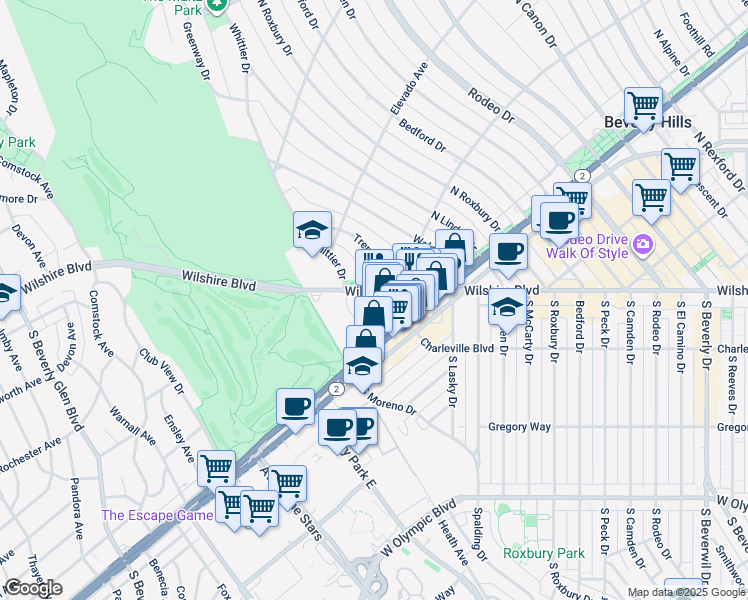 map of restaurants, bars, coffee shops, grocery stores, and more near 9876 Wilshire Boulevard in Beverly Hills