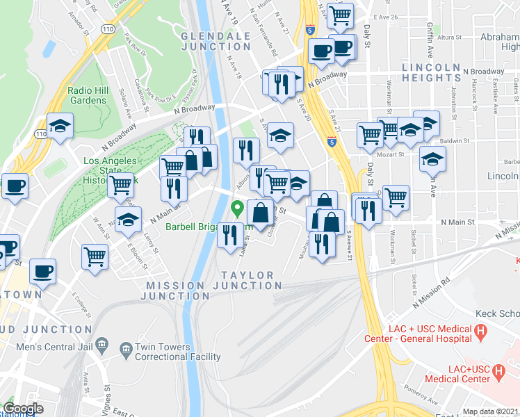map of restaurants, bars, coffee shops, grocery stores, and more near 1770 N Main St in Los Angeles