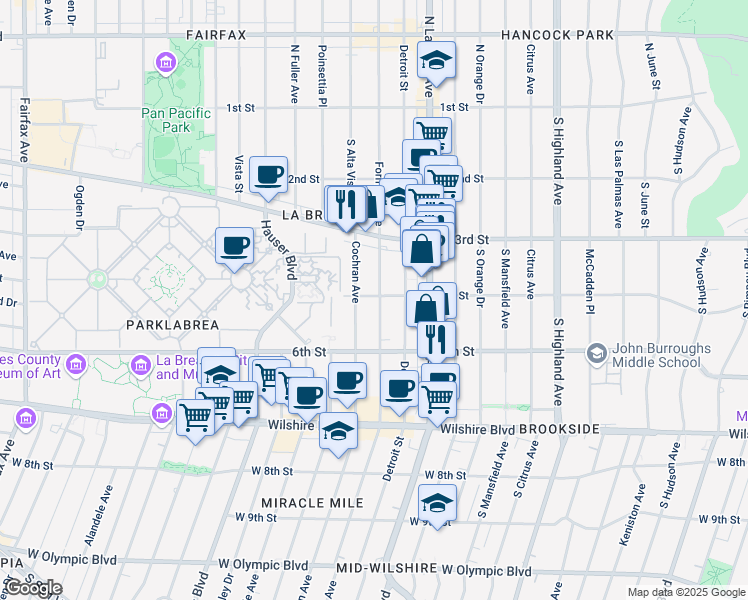 map of restaurants, bars, coffee shops, grocery stores, and more near 408 South Cochran Avenue in Los Angeles