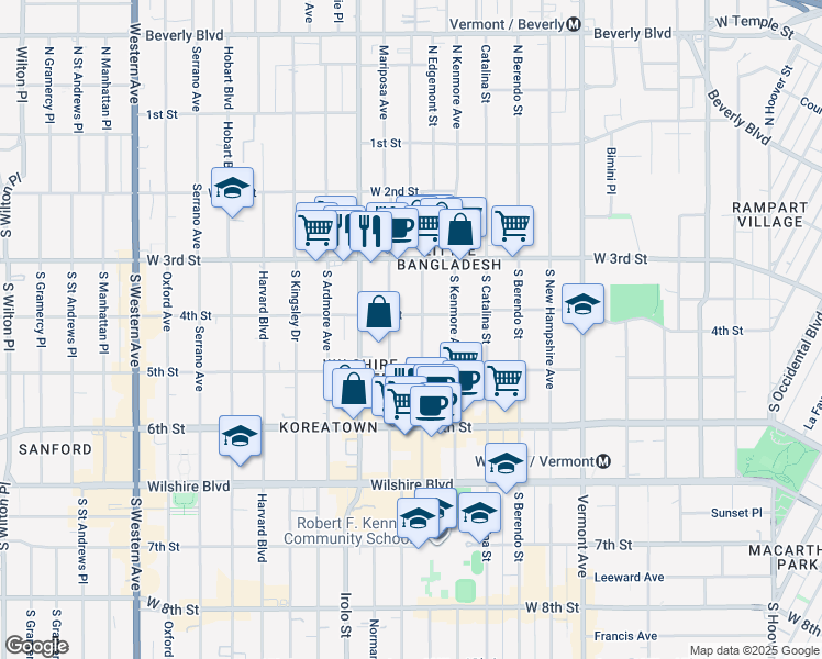 map of restaurants, bars, coffee shops, grocery stores, and more near 422 South Mariposa Avenue in Los Angeles