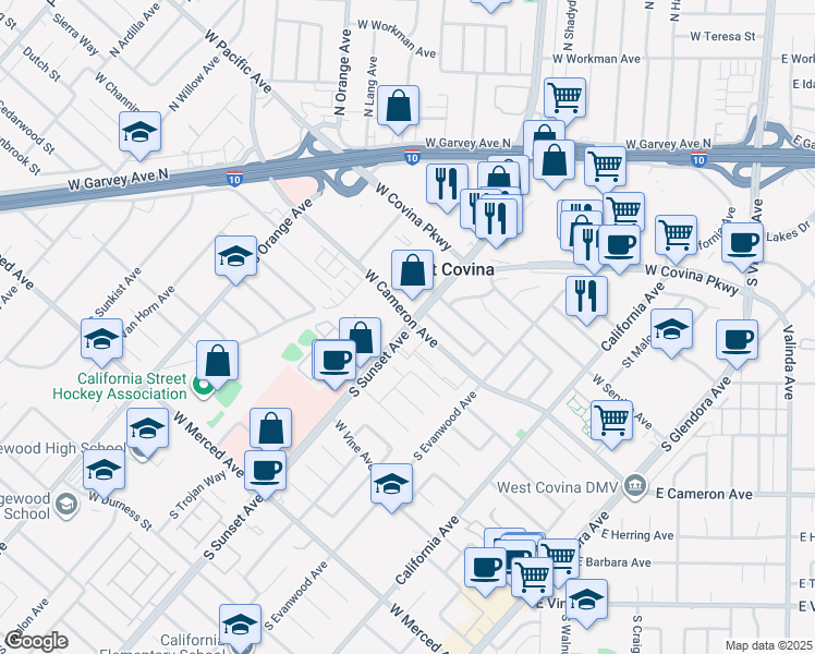 map of restaurants, bars, coffee shops, grocery stores, and more near in West Covina