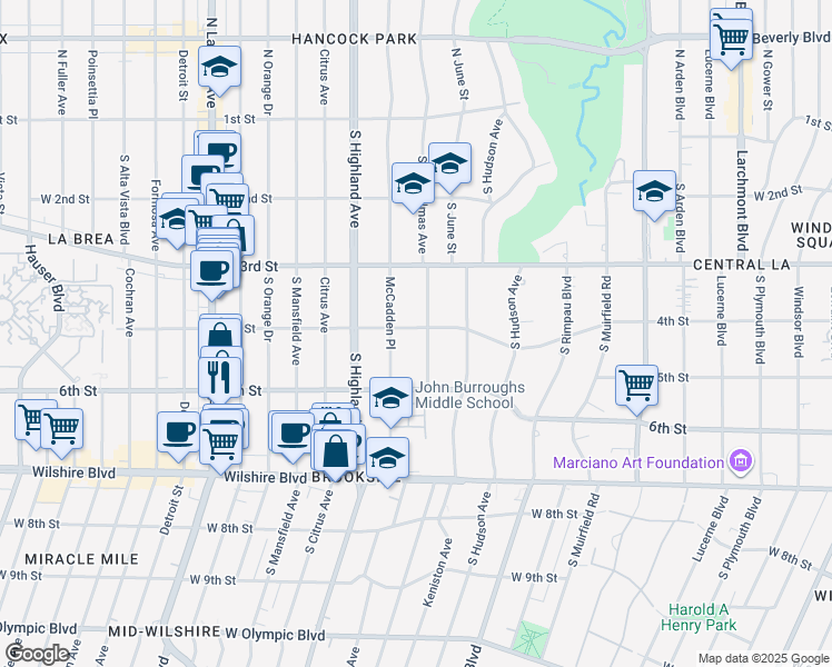 map of restaurants, bars, coffee shops, grocery stores, and more near 401 South Las Palmas Avenue in Los Angeles