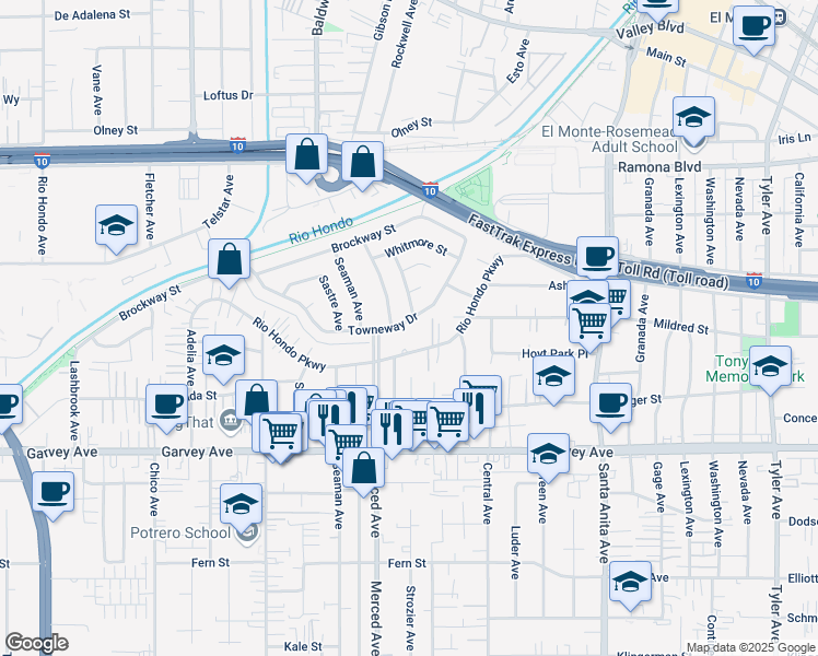 map of restaurants, bars, coffee shops, grocery stores, and more near 10038 Towneway Drive in El Monte