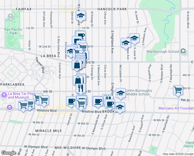 map of restaurants, bars, coffee shops, grocery stores, and more near 413 South Mansfield Avenue in Los Angeles