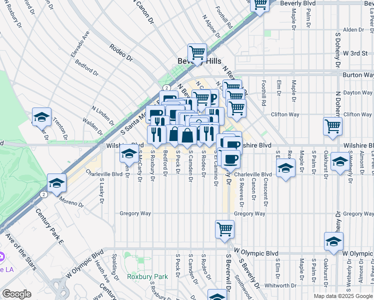 map of restaurants, bars, coffee shops, grocery stores, and more near 9570 Wilshire Boulevard in Beverly Hills