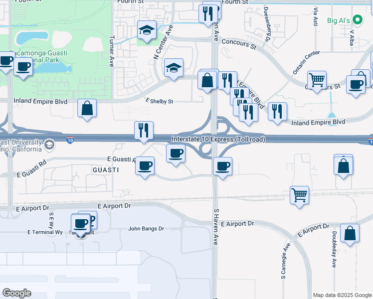map of restaurants, bars, coffee shops, grocery stores, and more near 3401 North Centre Lake Drive in Ontario