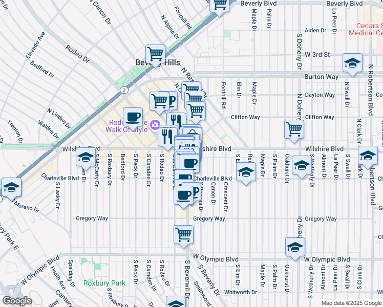 map of restaurants, bars, coffee shops, grocery stores, and more near 94a South Beverly Drive in Beverly Hills