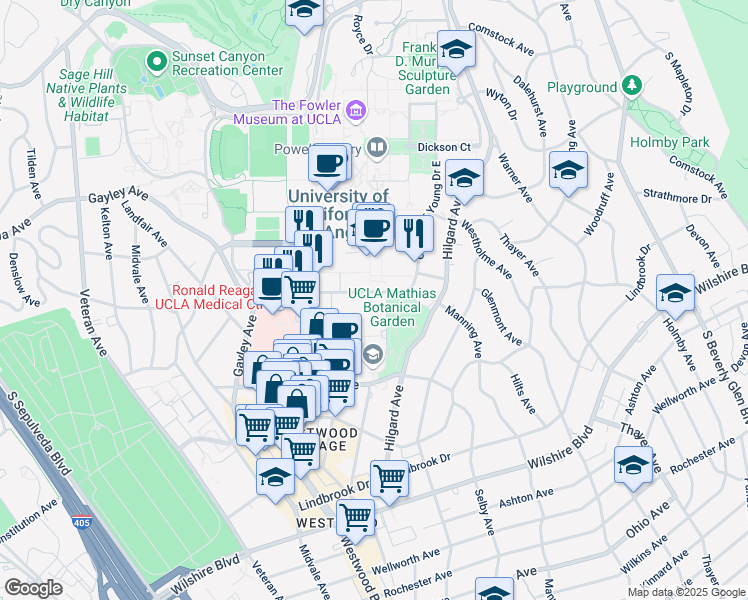 map of restaurants, bars, coffee shops, grocery stores, and more near 621 Charles E Young Drive South in Los Angeles