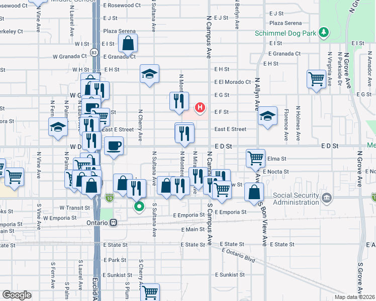 map of restaurants, bars, coffee shops, grocery stores, and more near 2 East D Street in Ontario
