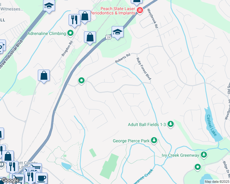 map of restaurants, bars, coffee shops, grocery stores, and more near 375 Ruby Forest Parkway in Suwanee