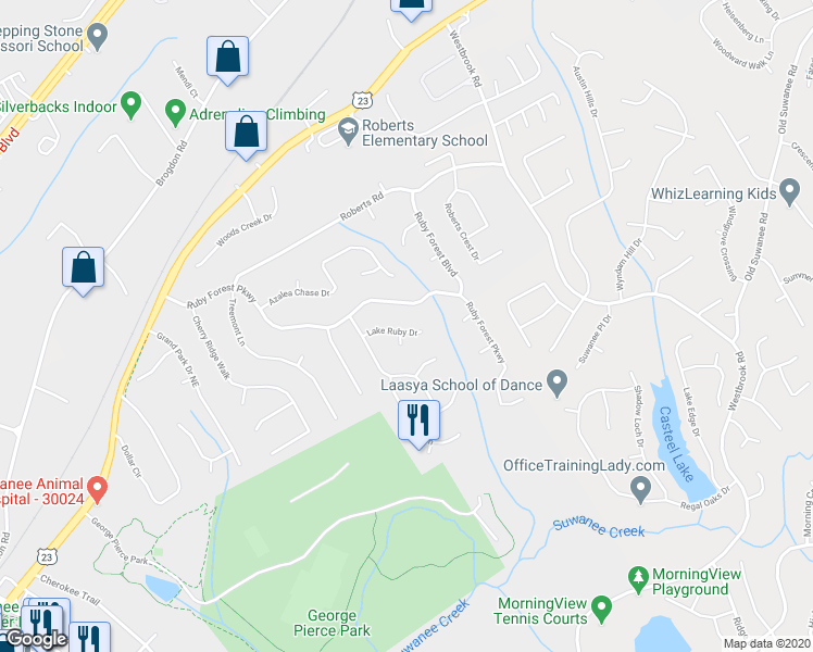 map of restaurants, bars, coffee shops, grocery stores, and more near 234 Lake Ruby Drive in Suwanee