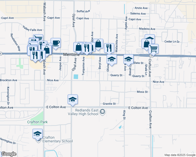 map of restaurants, bars, coffee shops, grocery stores, and more near 1111 Beryl Avenue in Mentone