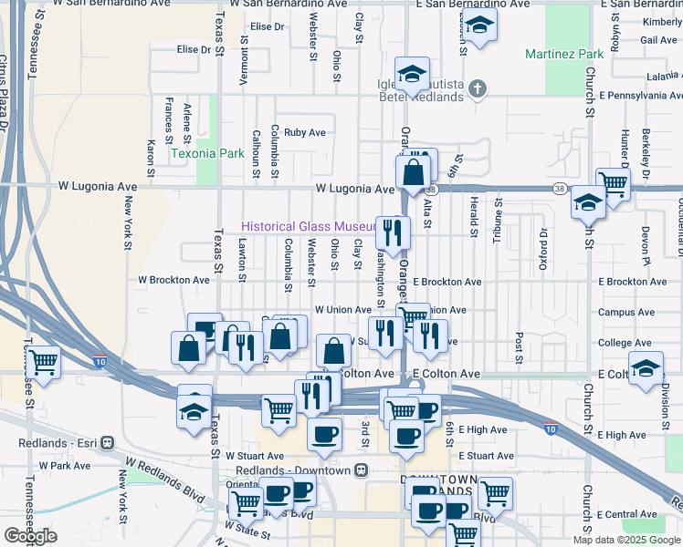map of restaurants, bars, coffee shops, grocery stores, and more near 1103 Ohio Street in Redlands