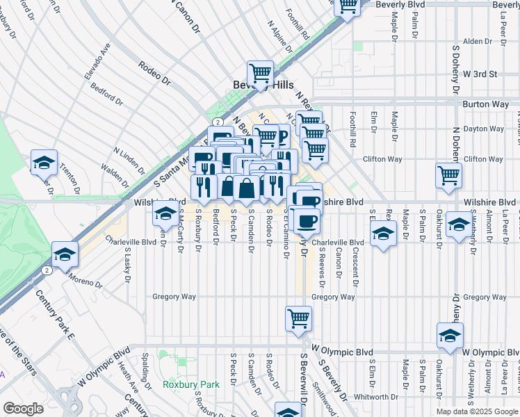 map of restaurants, bars, coffee shops, grocery stores, and more near 9570 Wilshire Boulevard in Beverly Hills