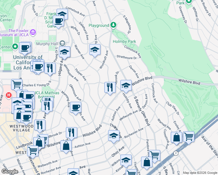 map of restaurants, bars, coffee shops, grocery stores, and more near 10457 Lindbrook Drive in Los Angeles