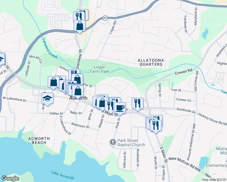 map of restaurants, bars, coffee shops, grocery stores, and more near 4387 Mitchell Hill Drive in Acworth