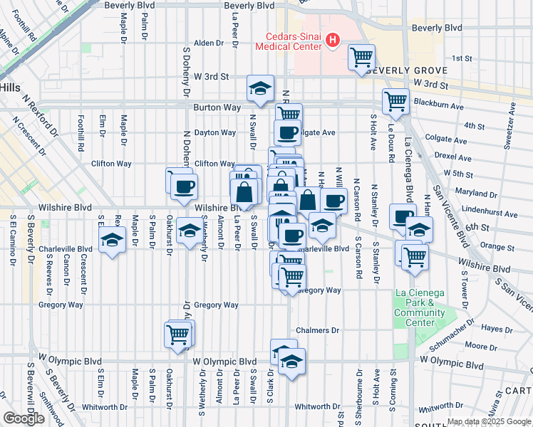 map of restaurants, bars, coffee shops, grocery stores, and more near in Beverly Hills