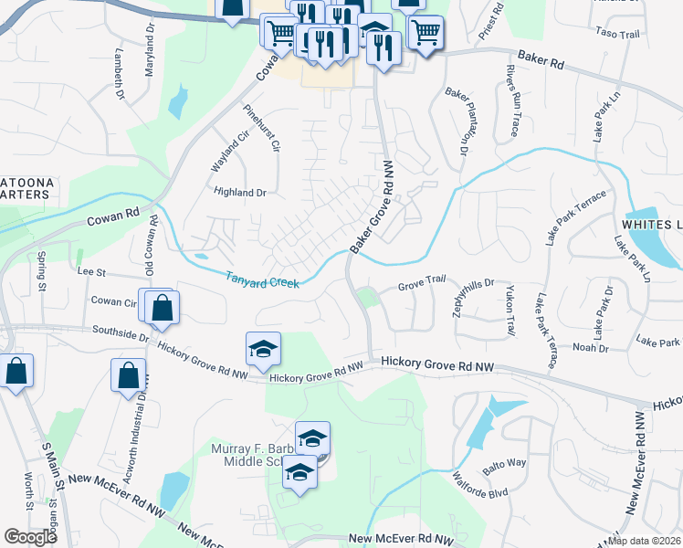 map of restaurants, bars, coffee shops, grocery stores, and more near 3300 Grove Park Terrace in Acworth