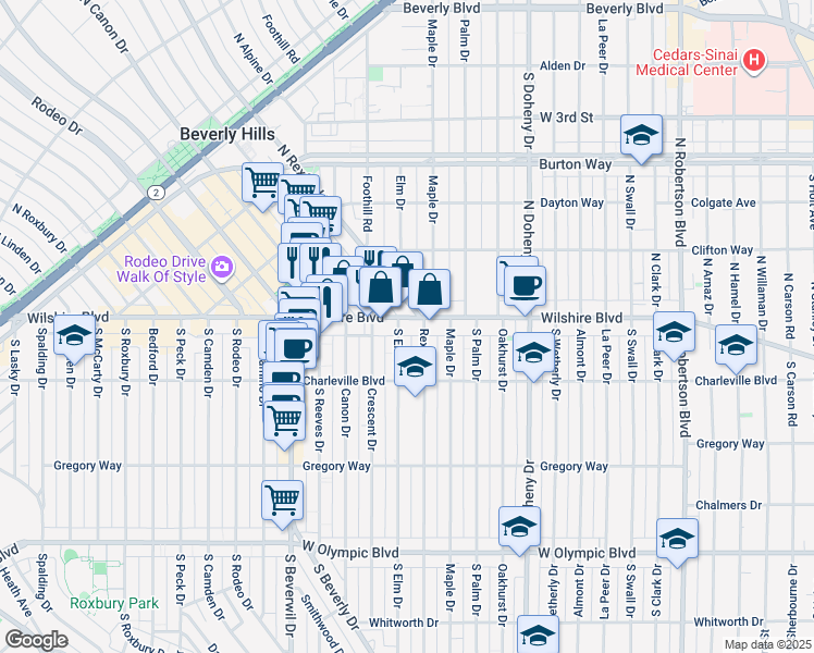map of restaurants, bars, coffee shops, grocery stores, and more near 121 South Elm Drive in Beverly Hills