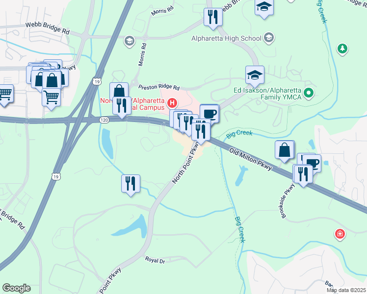 map of restaurants, bars, coffee shops, grocery stores, and more near 4125 North Point Parkway in Alpharetta