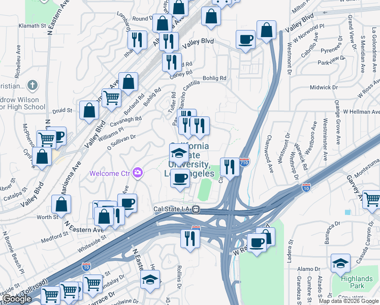 map of restaurants, bars, coffee shops, grocery stores, and more near 5151 State University Drive in Los Angeles