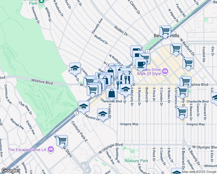 map of restaurants, bars, coffee shops, grocery stores, and more near 9855 South Santa Monica Boulevard in Beverly Hills