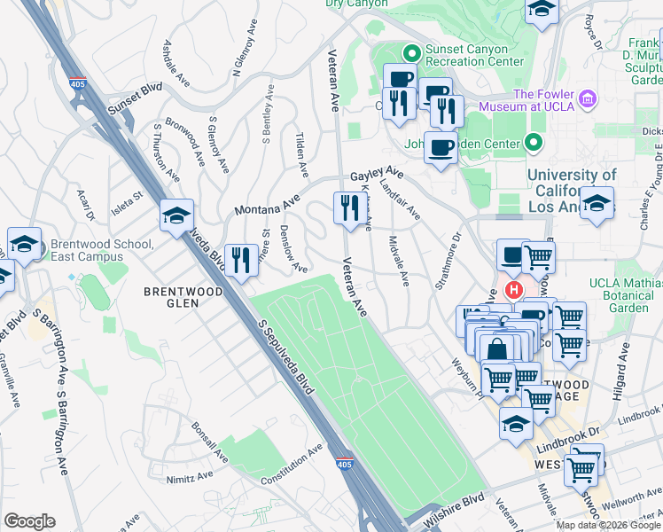 map of restaurants, bars, coffee shops, grocery stores, and more near 539 Levering Avenue in Los Angeles