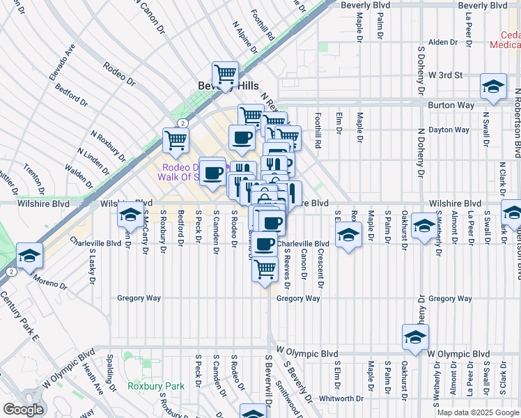 map of restaurants, bars, coffee shops, grocery stores, and more near 94a South Beverly Drive in Beverly Hills