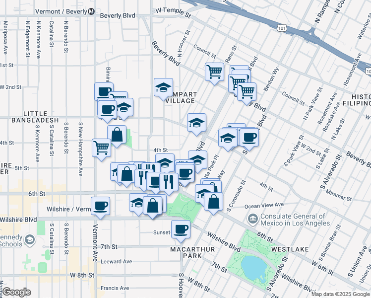 map of restaurants, bars, coffee shops, grocery stores, and more near 350 South Reno Street in Los Angeles