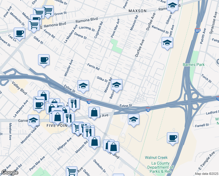 map of restaurants, bars, coffee shops, grocery stores, and more near 3524 Maxson Road in El Monte