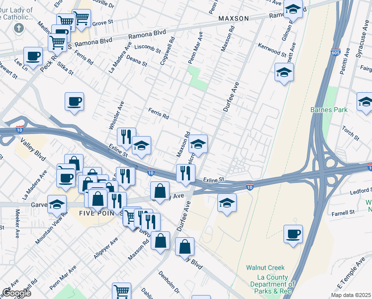map of restaurants, bars, coffee shops, grocery stores, and more near 3524 Maxson Road in El Monte