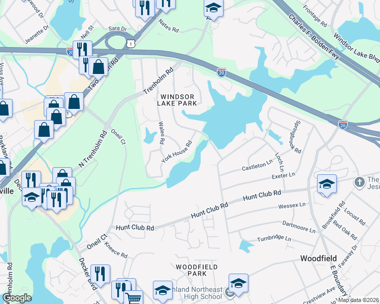 map of restaurants, bars, coffee shops, grocery stores, and more near 7604 York House Road in Columbia