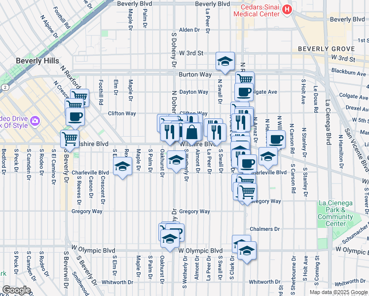 map of restaurants, bars, coffee shops, grocery stores, and more near in Beverly Hills