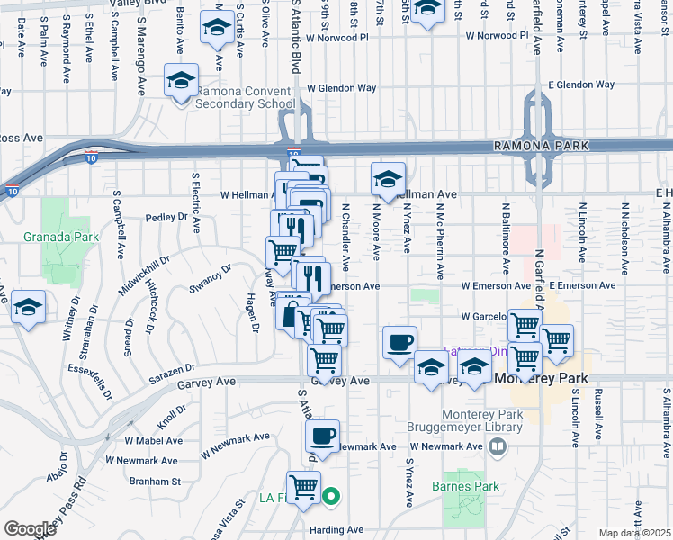 map of restaurants, bars, coffee shops, grocery stores, and more near 407 North Chandler Avenue in Monterey Park