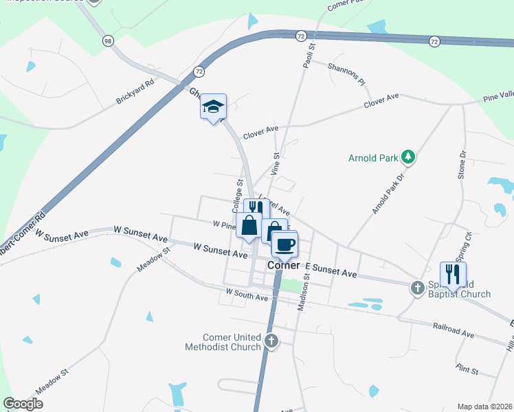 map of restaurants, bars, coffee shops, grocery stores, and more near 272 Gholston Street in Comer