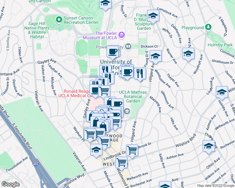 map of restaurants, bars, coffee shops, grocery stores, and more near 650 Charles E Young Drive South in Los Angeles
