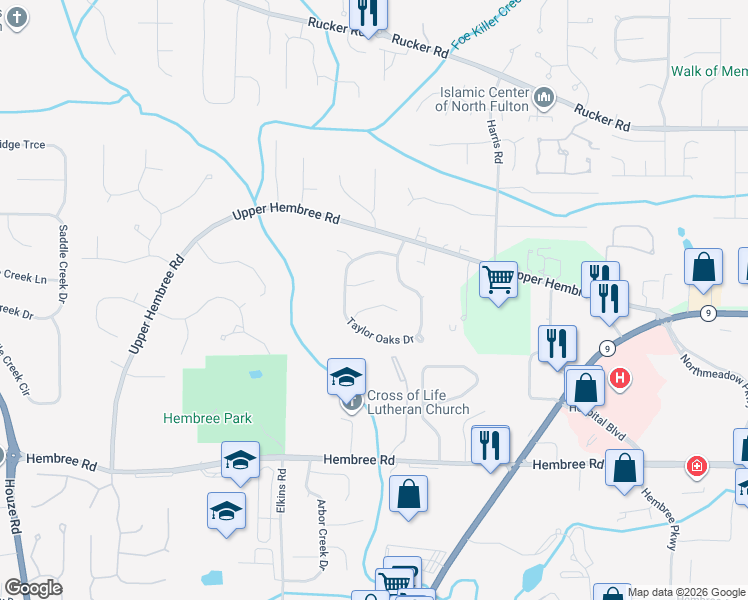 map of restaurants, bars, coffee shops, grocery stores, and more near 1060 Taylor Knoll Close in Roswell