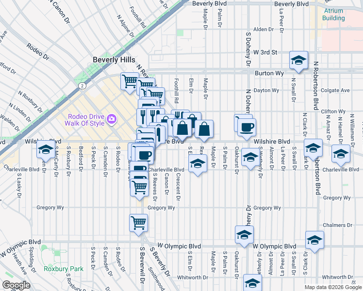 map of restaurants, bars, coffee shops, grocery stores, and more near 121 South Elm Drive in Beverly Hills