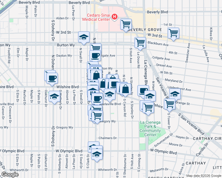map of restaurants, bars, coffee shops, grocery stores, and more near 8693 Wilshire Boulevard in Beverly Hills