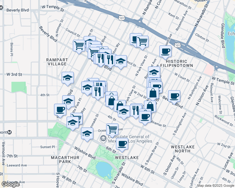 map of restaurants, bars, coffee shops, grocery stores, and more near 243 South Carondelet Street in Los Angeles